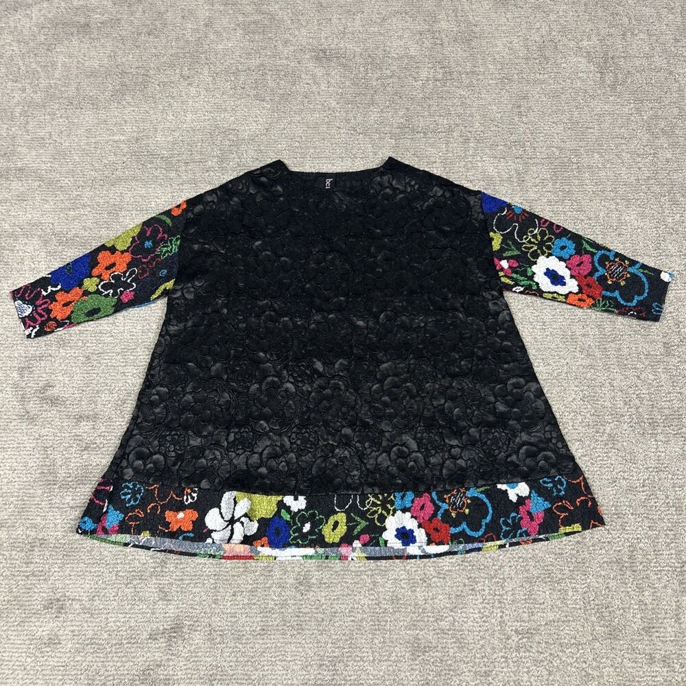 Berek Top Womens Small Medium Black Textured Artsy Crinkle Blouse Floral Stretch